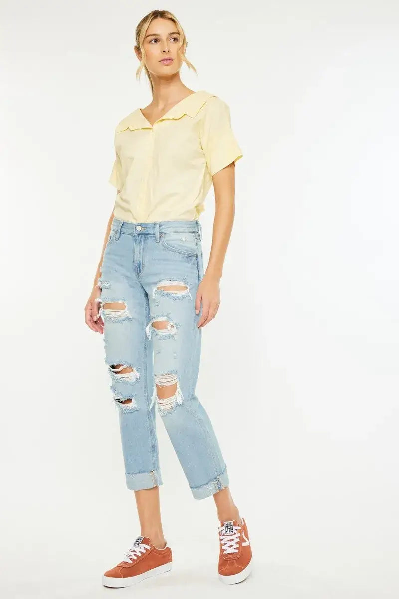 Kancan Mid Rise Distressed Boyfriend Jeans