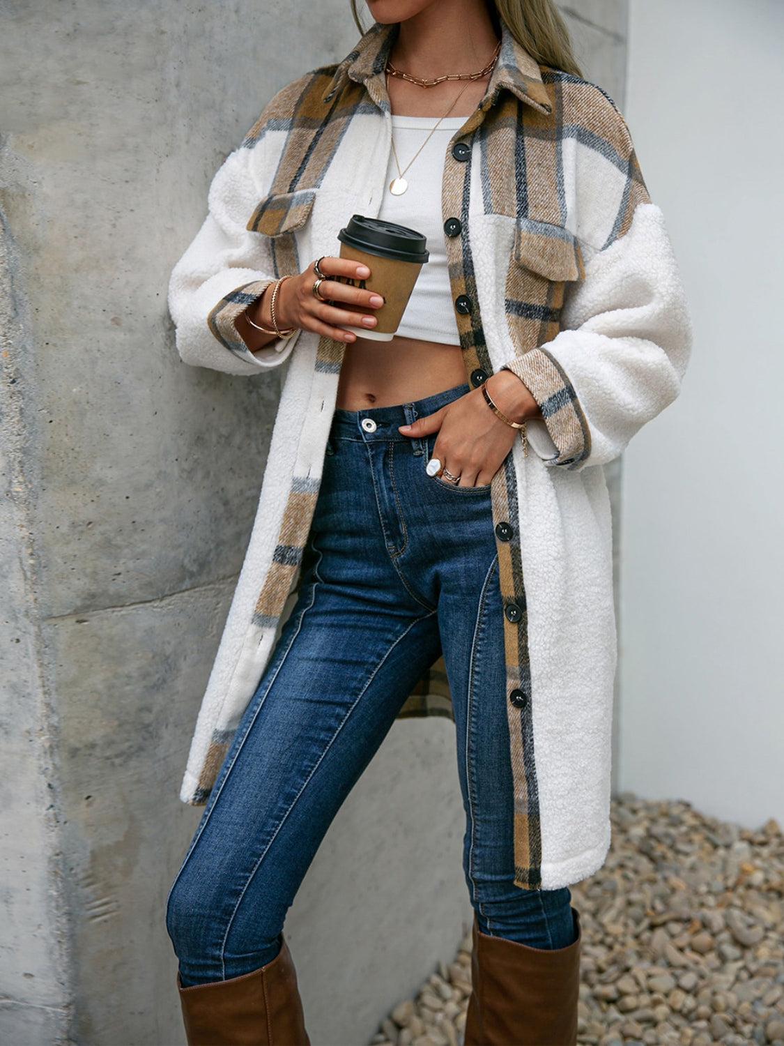 Plaid Dropped Shoulder Longline Coat - felvior