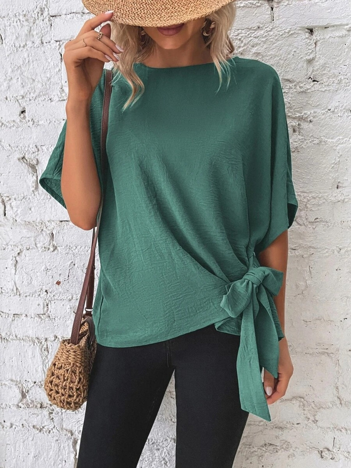 Knotted Round Neck Half Sleeve Blouse - felvior