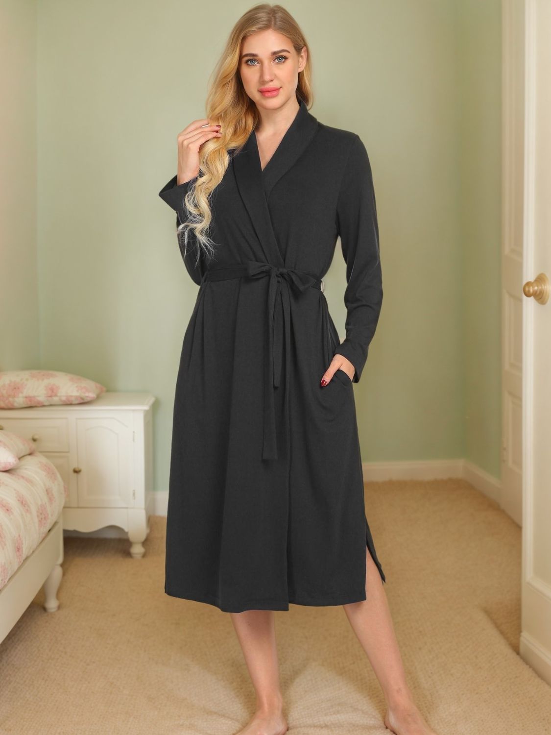 Tied Lounge Nightgown with Pockets - felvior