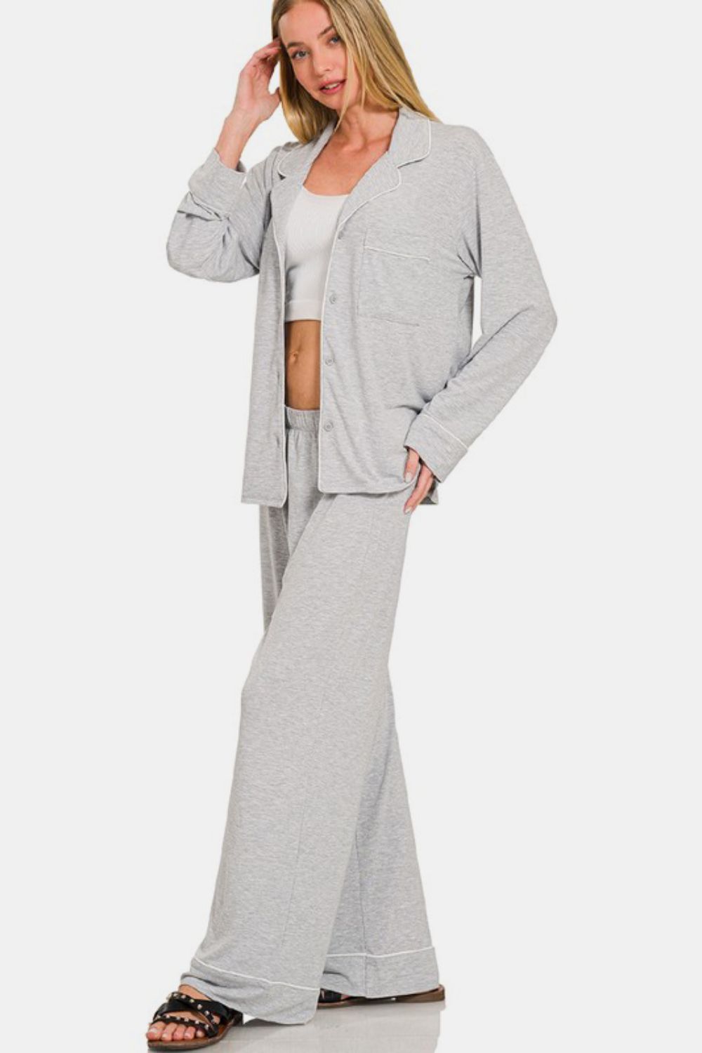 Zenana Button Down Long Sleeve Top and Pants Lounge Set - felvior