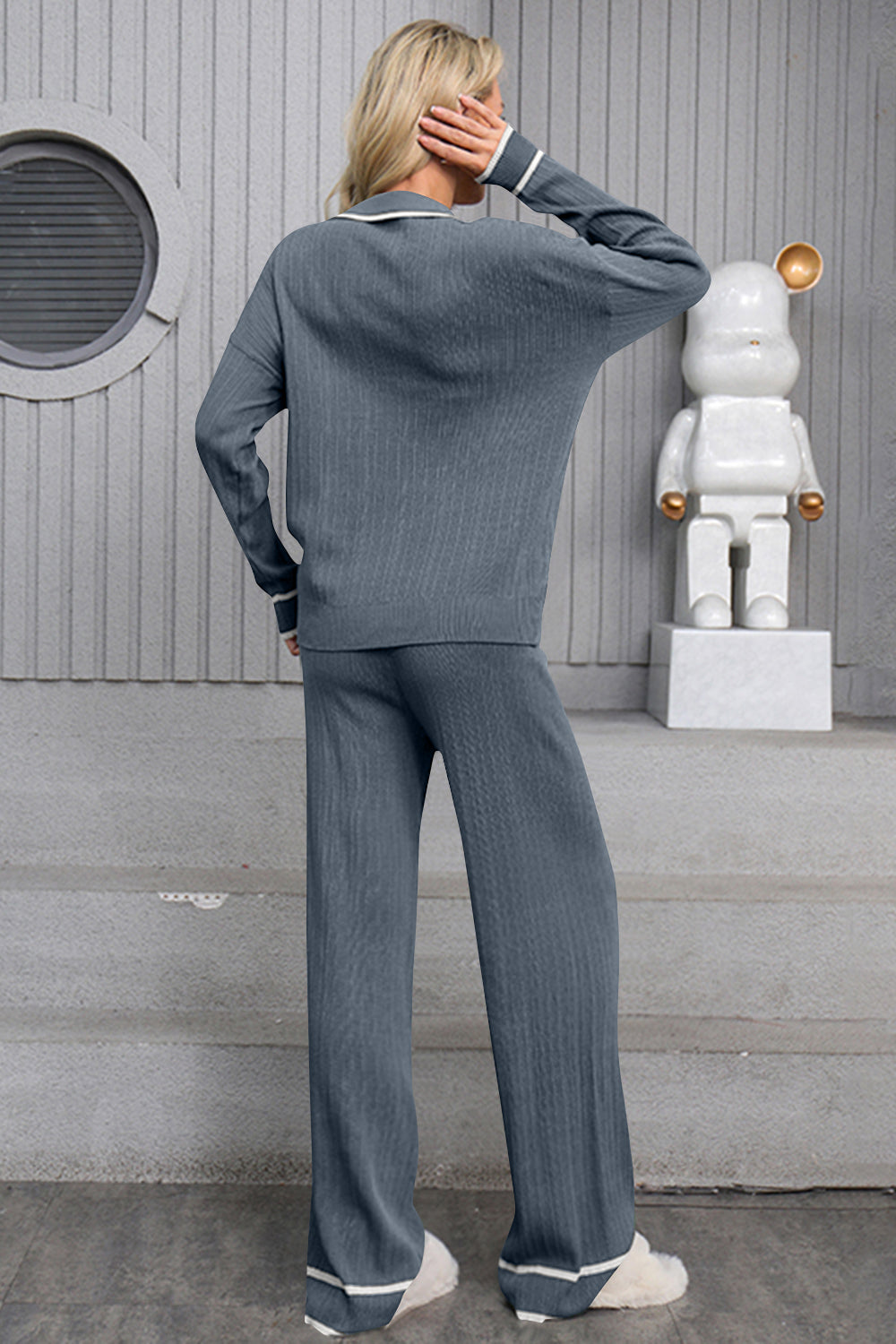 Contrast Trim Johnny Collar Top and Drawstring Pants Sweater Set - felvior