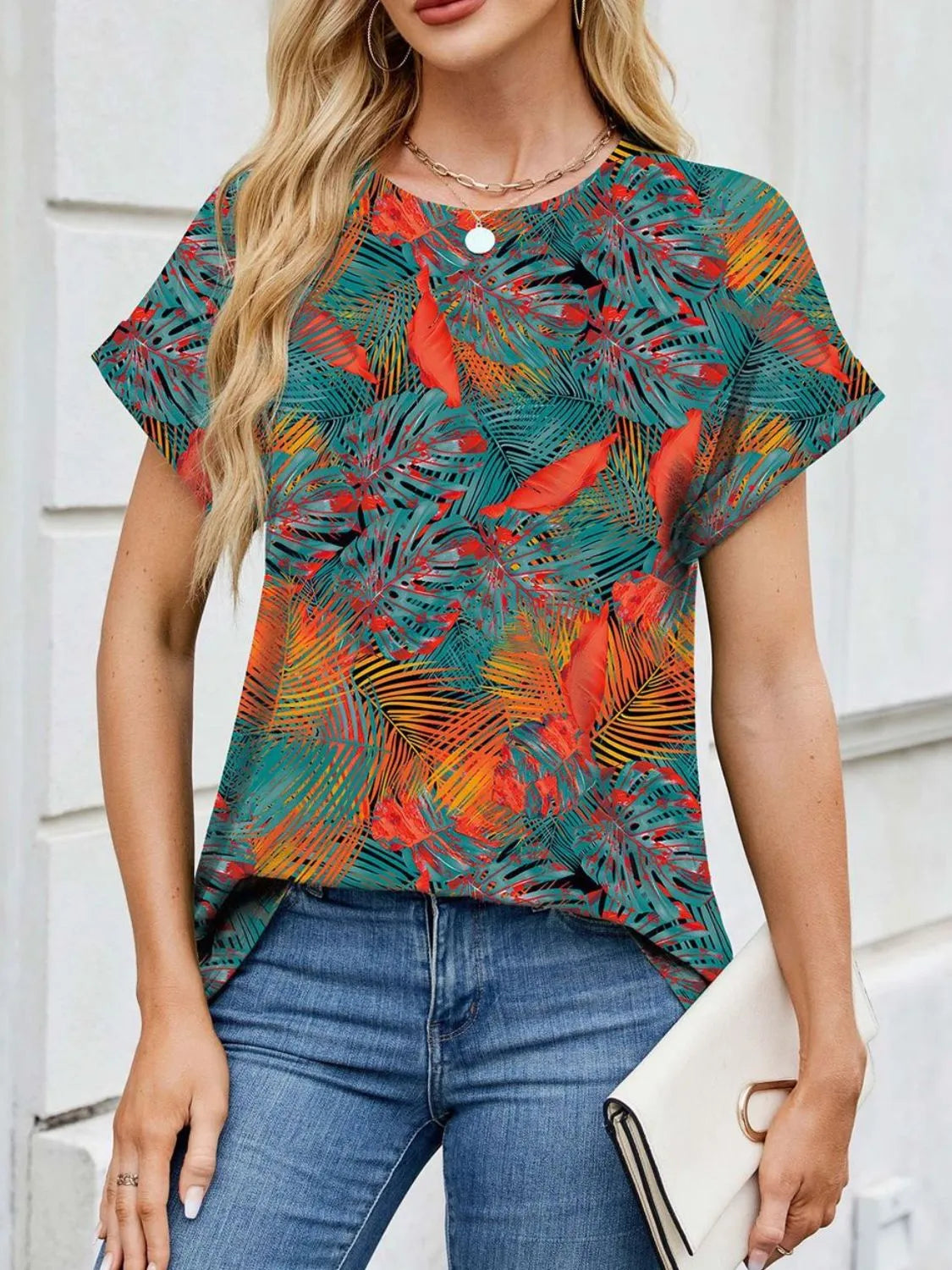 Printed Round Neck Short Sleeve Top