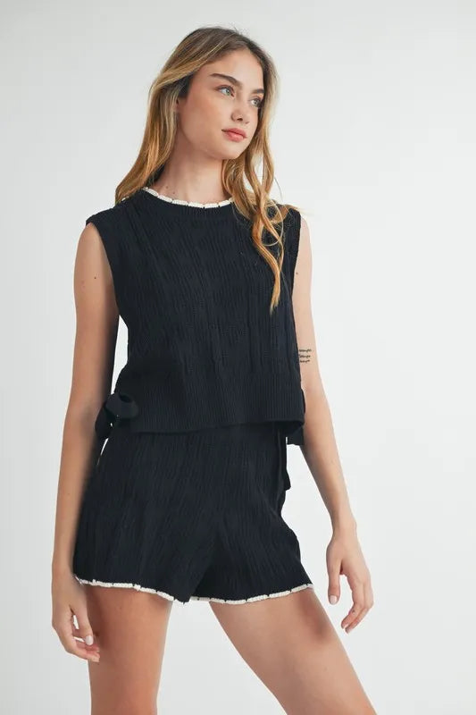 MABLE Side Tie Detail Knit Vest and Shorts Set - felvior