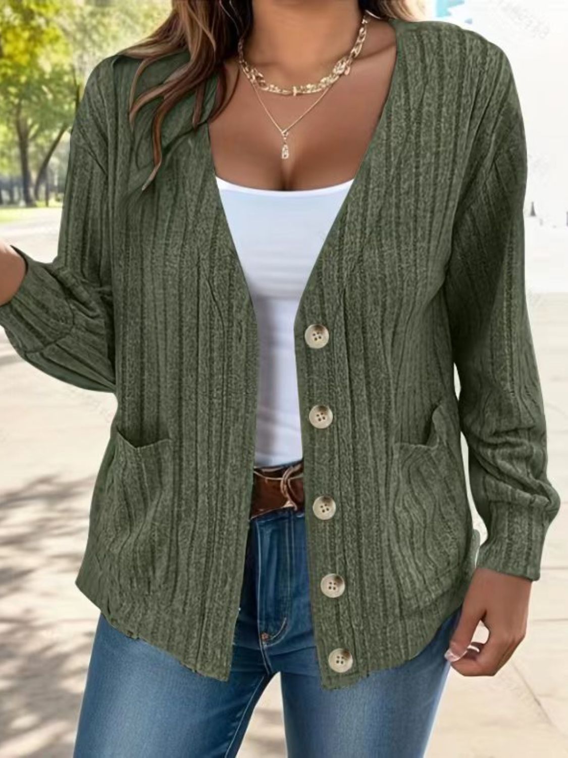 Full Size Button Up V-Neck Long Sleeve Cardigan - felvior
