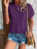 Eyelet Round Neck Short Sleeve T-Shirt