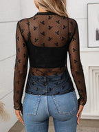 Floral Mock Neck Long Sleeve Mesh Top