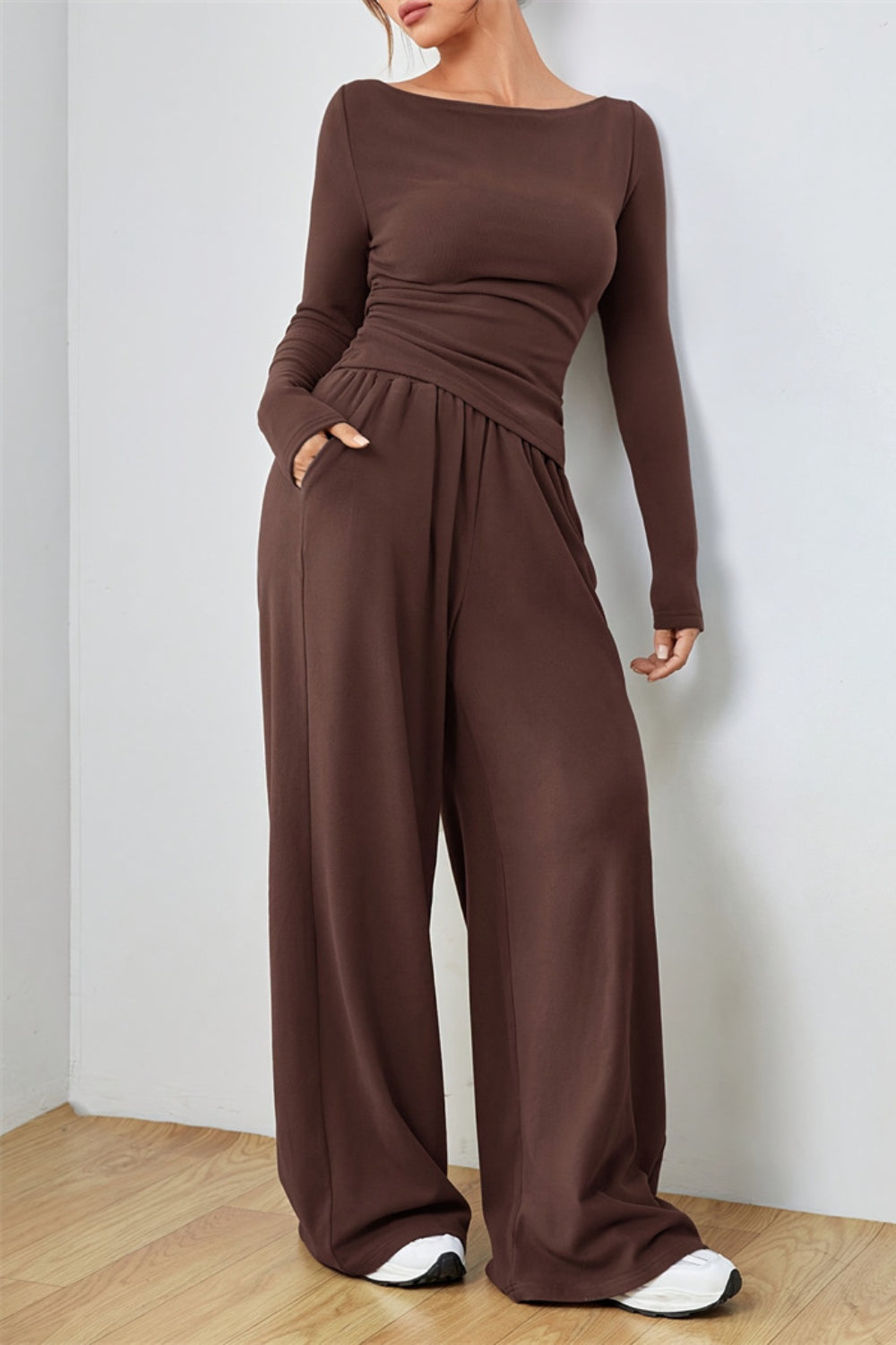 Boat Neck Long Sleeve Top and Pants Set - felvior