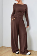 Boat Neck Long Sleeve Top and Pants Set