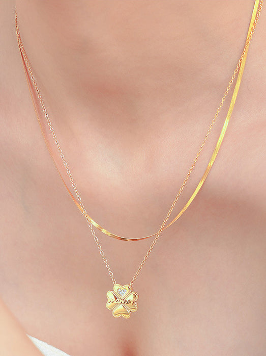 2 Piece 18K Gold-Plated Inlaid Zircon Lucky Clover Necklace - felvior