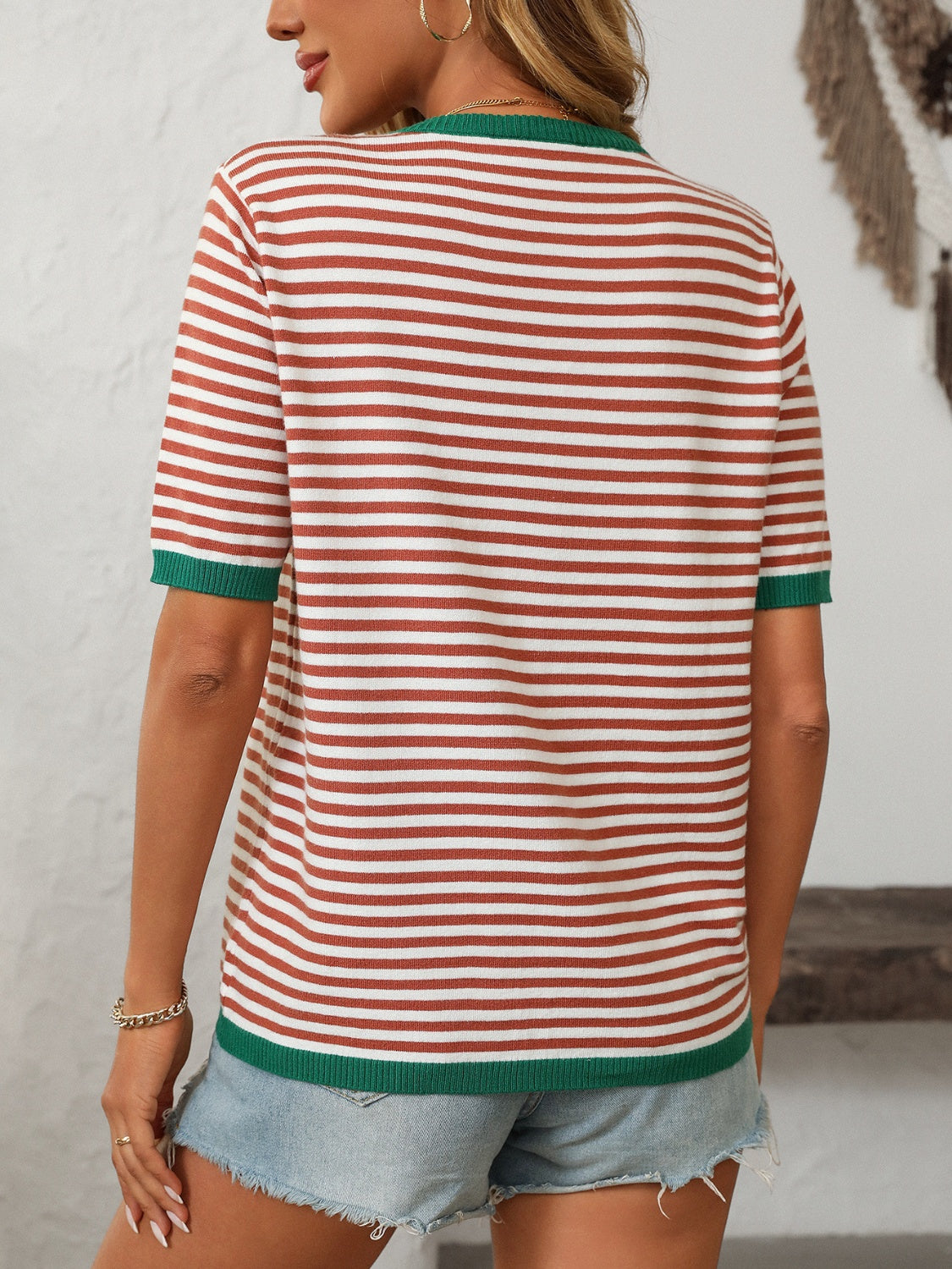 Mandy Striped Round Neck Half Sleeve Knit Top - felvior