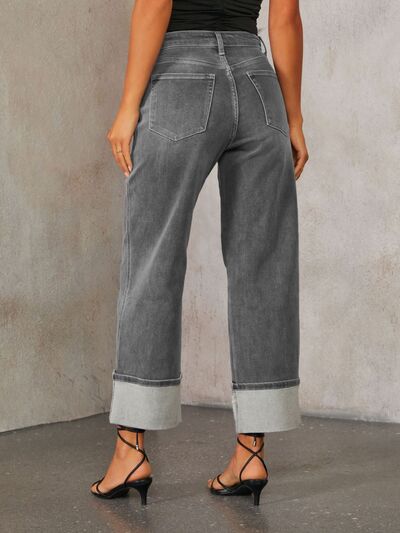 High Waisted Straight Leg Rolled Jeans