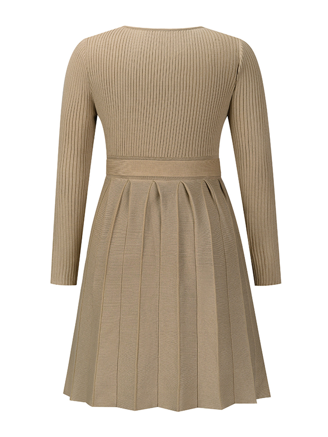 Surplice Neck Tie Front Pleated Sweater Dress - felvior