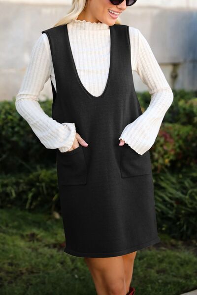 Lovelet Pocketed V-Neck Mini Sweater Overall Dress