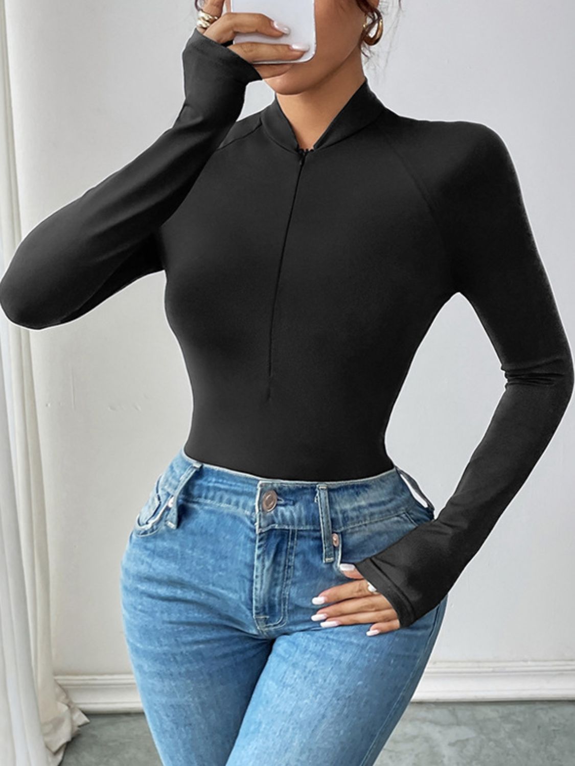 Perfee Half Zip Long Sleeve Bodysuit - felvior
