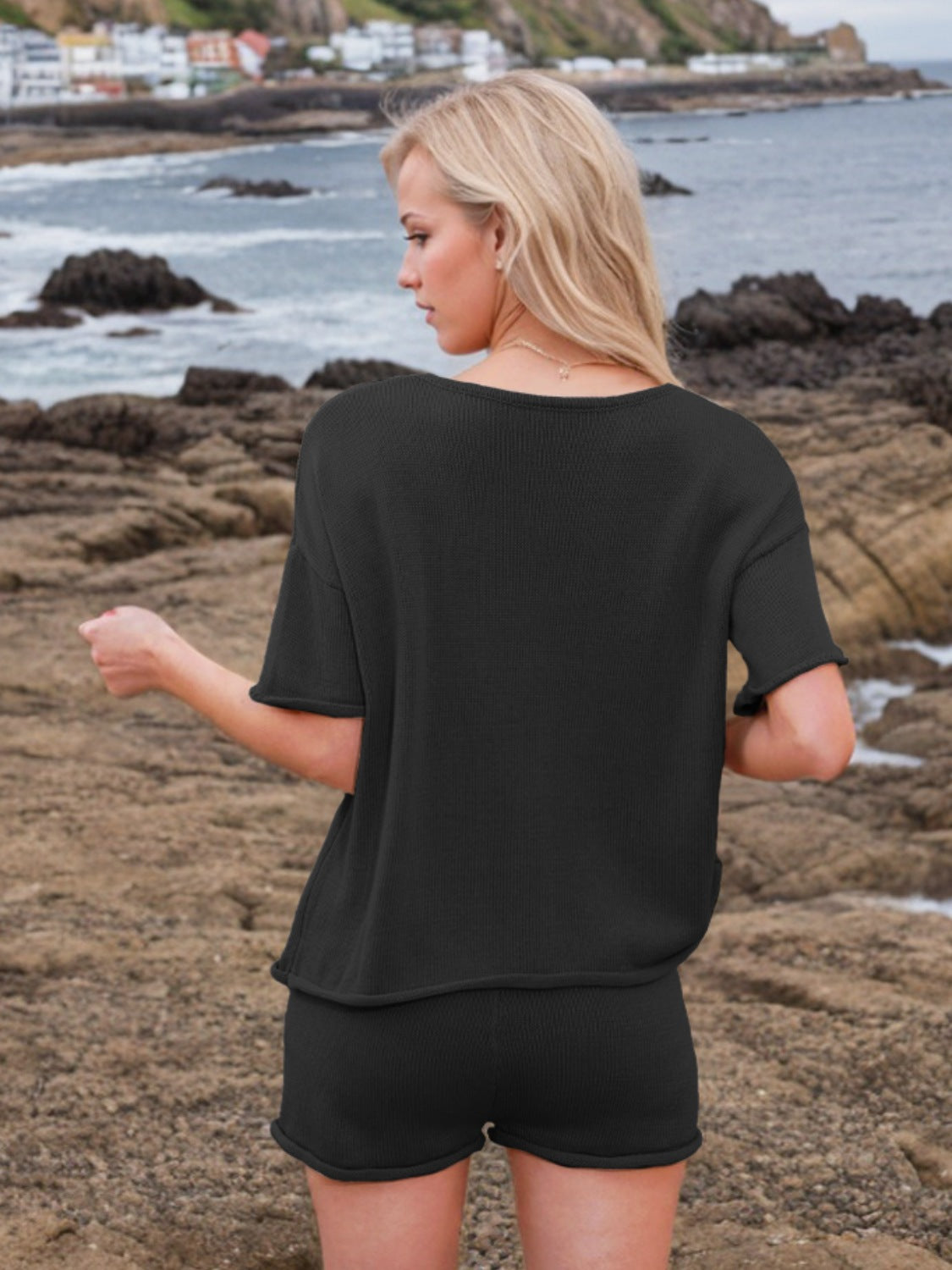 Round Neck Short Sleeve Top and Shorts Sweater Set - felvior