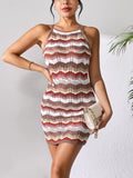 Openwork Striped Spaghetti Strap Knit Dress - felvior