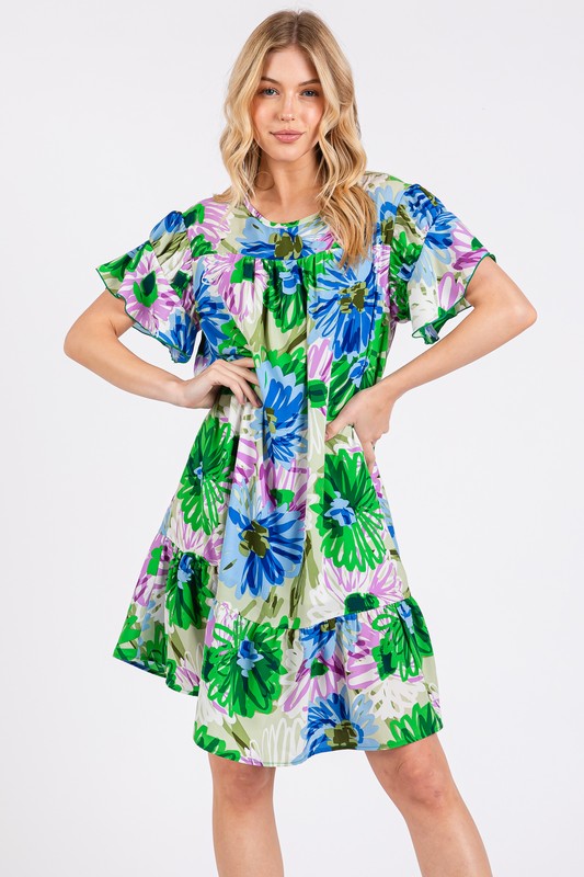 Ces Femme Floral Ruffled Short Sleeve Dress - felvior