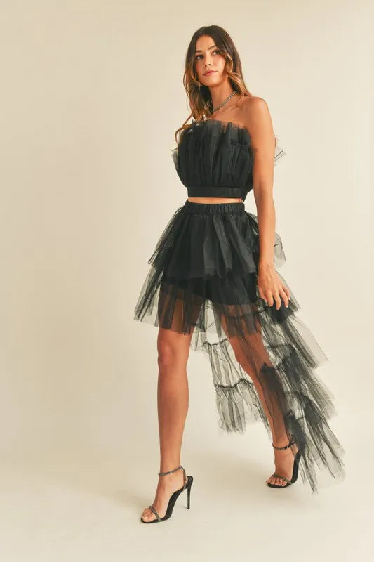 MABLE Tulle Tube Ruffle Crop Top and High Low Maxi Skirt Set
