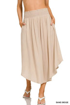 Zenana Woven Crinkle Smocked Waist Maxi Skirt W Pockets
