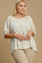 Umgee Full Size Linen Blend Ribbon Embroidered Top Plus Size