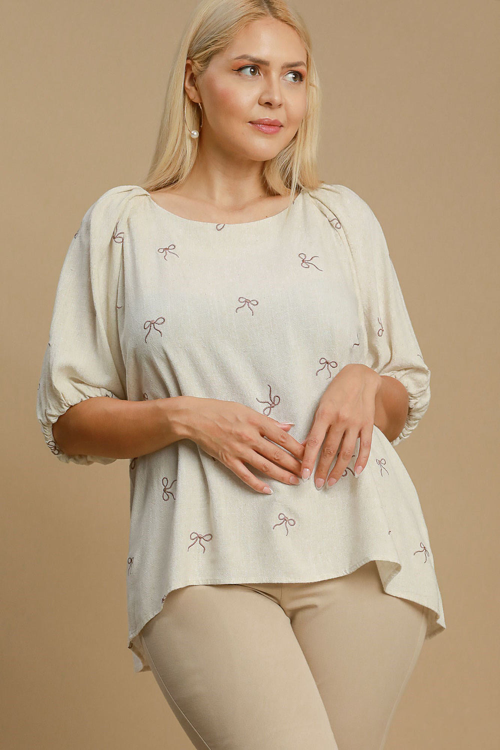 Umgee Full Size Linen Blend Ribbon Embroidered Top Plus Size