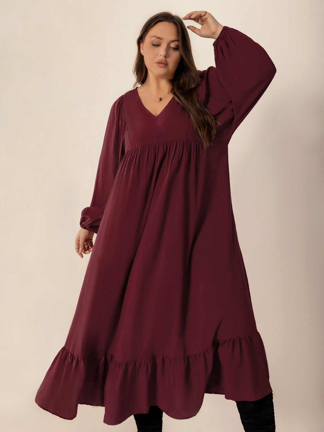 Plus Size Ruffled Hem V-Neck Balloon Sleeve Dress - felvior