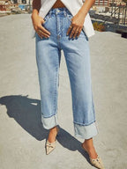 High Waisted Straight Leg Rolled Jeans