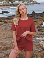 Round Neck Short Sleeve Top and Shorts Sweater Set