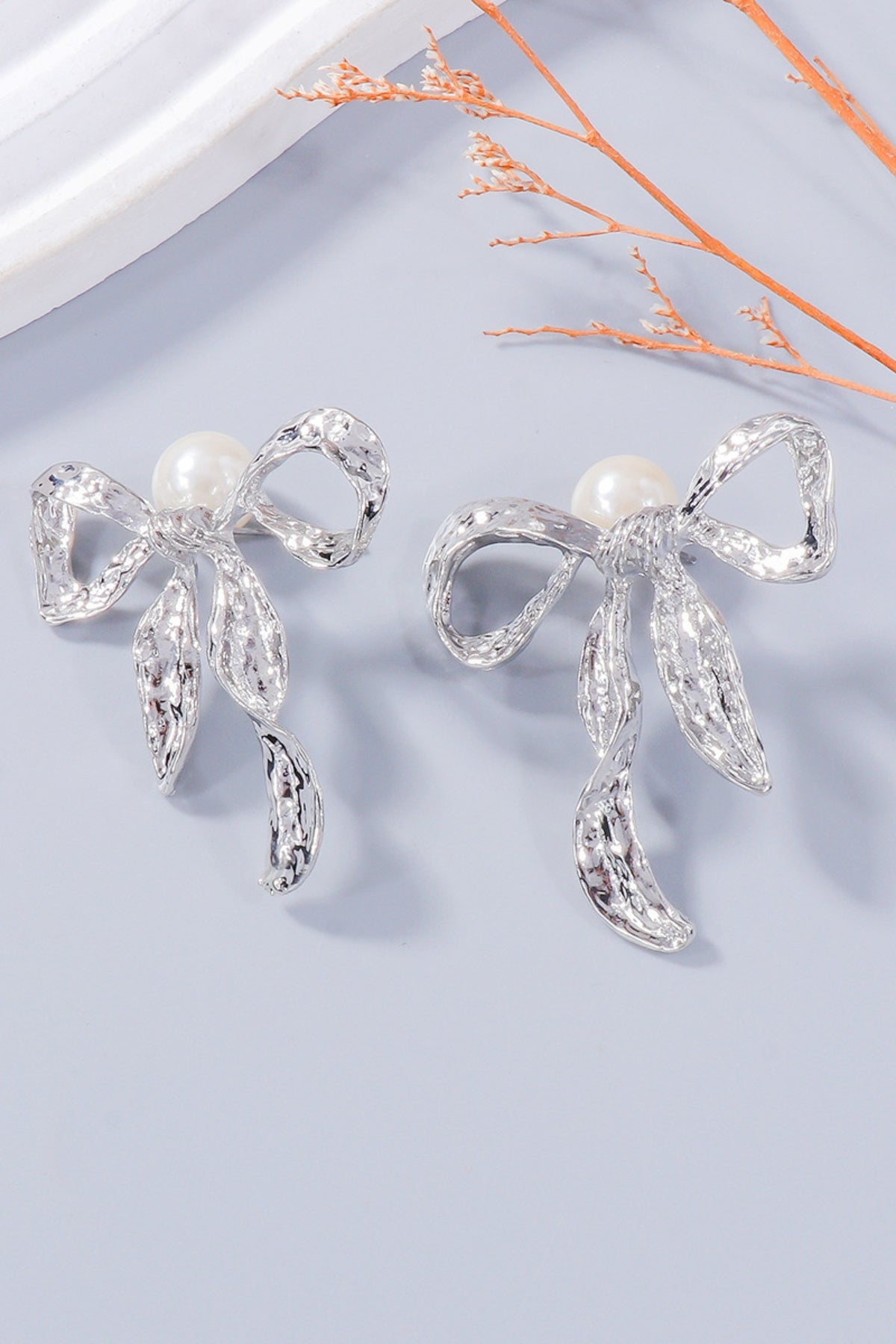 Synthetic Pearl Necklace, Bow Necklace and Bow Earrings Jewelry Set - felvior
