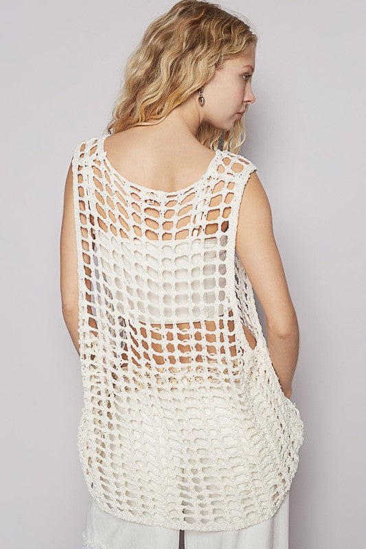 POL Flower Crochet Scoop Neck Sleeveless Knit Cover Up - felvior