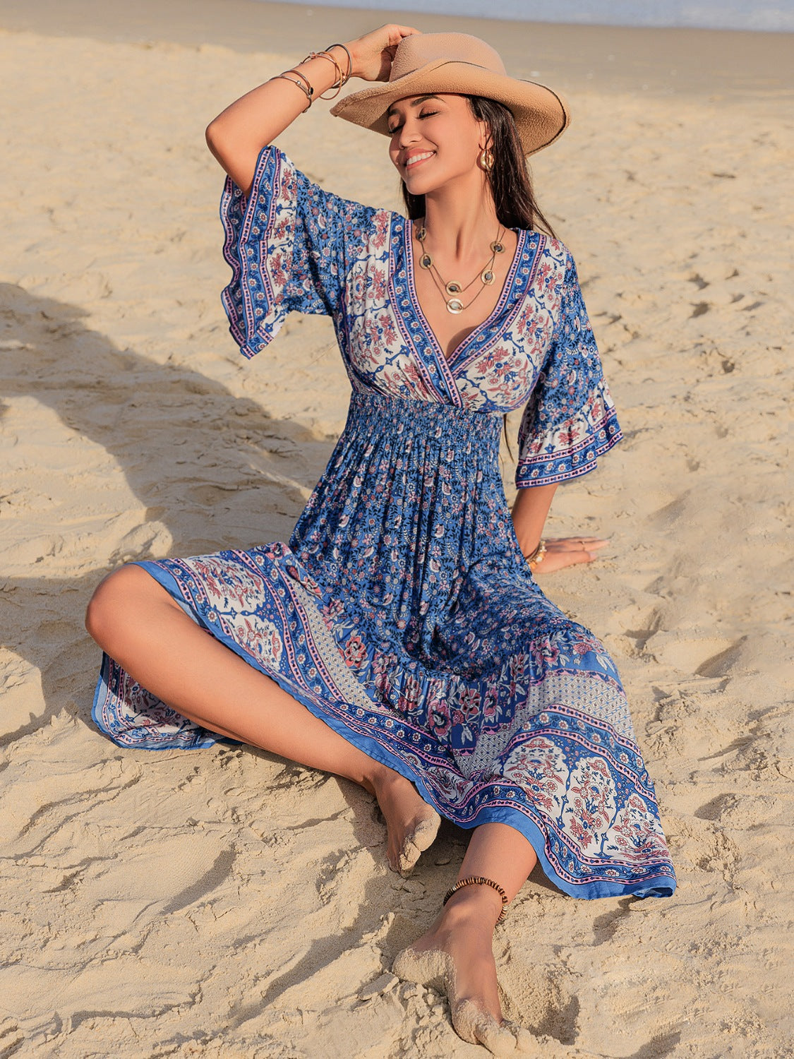 Ruched Printed Flounce Sleeve Midi Dress - felvior