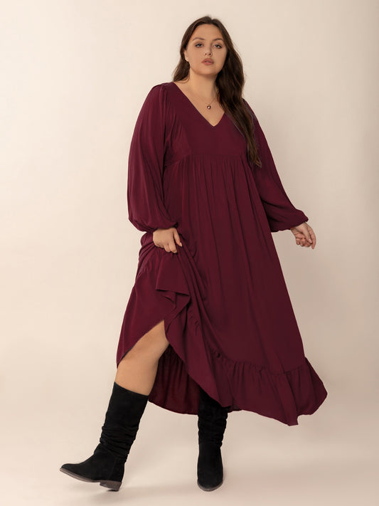 Plus Size Ruffled Hem V-Neck Balloon Sleeve Dress - felvior