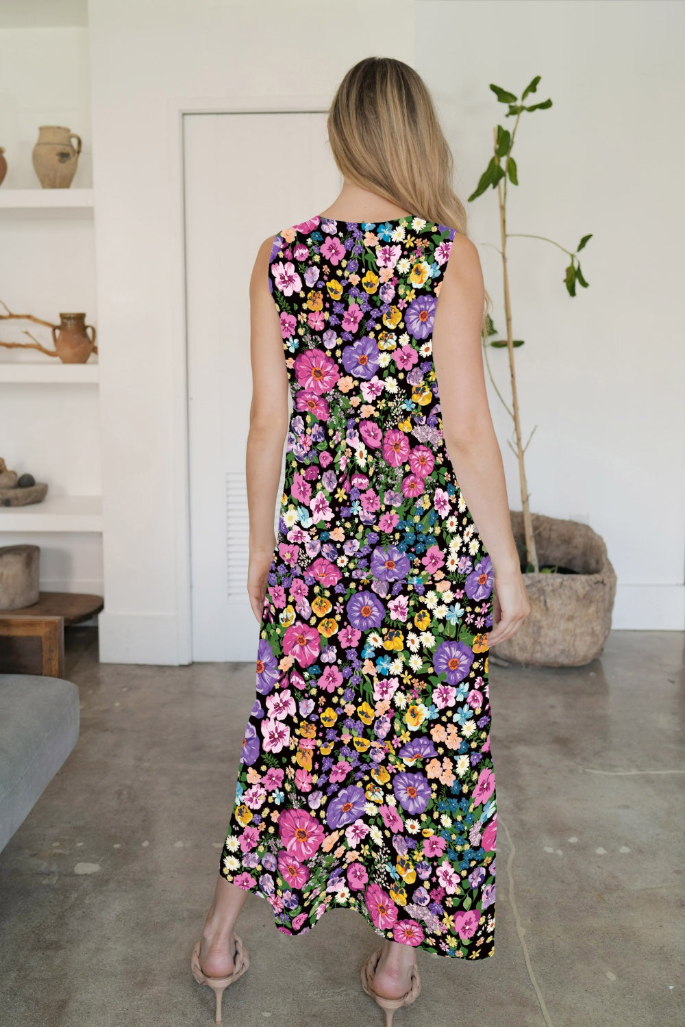 FAM-FAM Tiered Printed V-Neck Sleeveless Dress - felvior