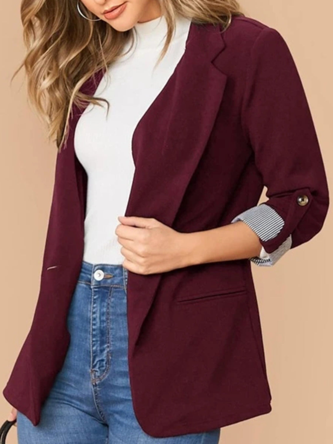 Lapel Collar Roll-Tab Sleeve Blazer - felvior