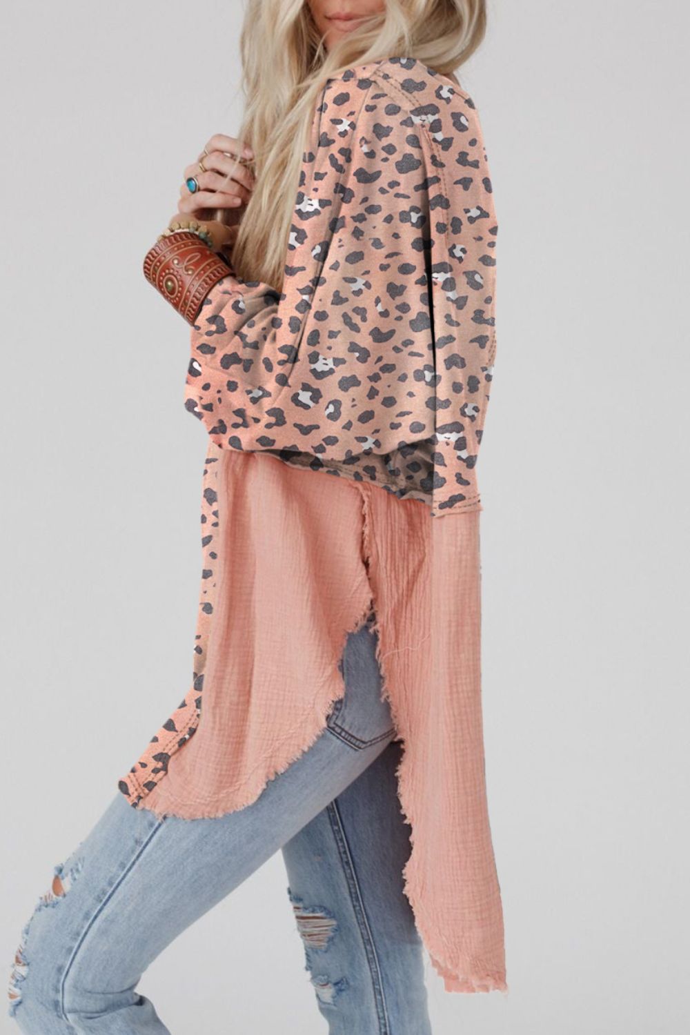 Textured Leopard Dropped Shoulder Blouse - felvior