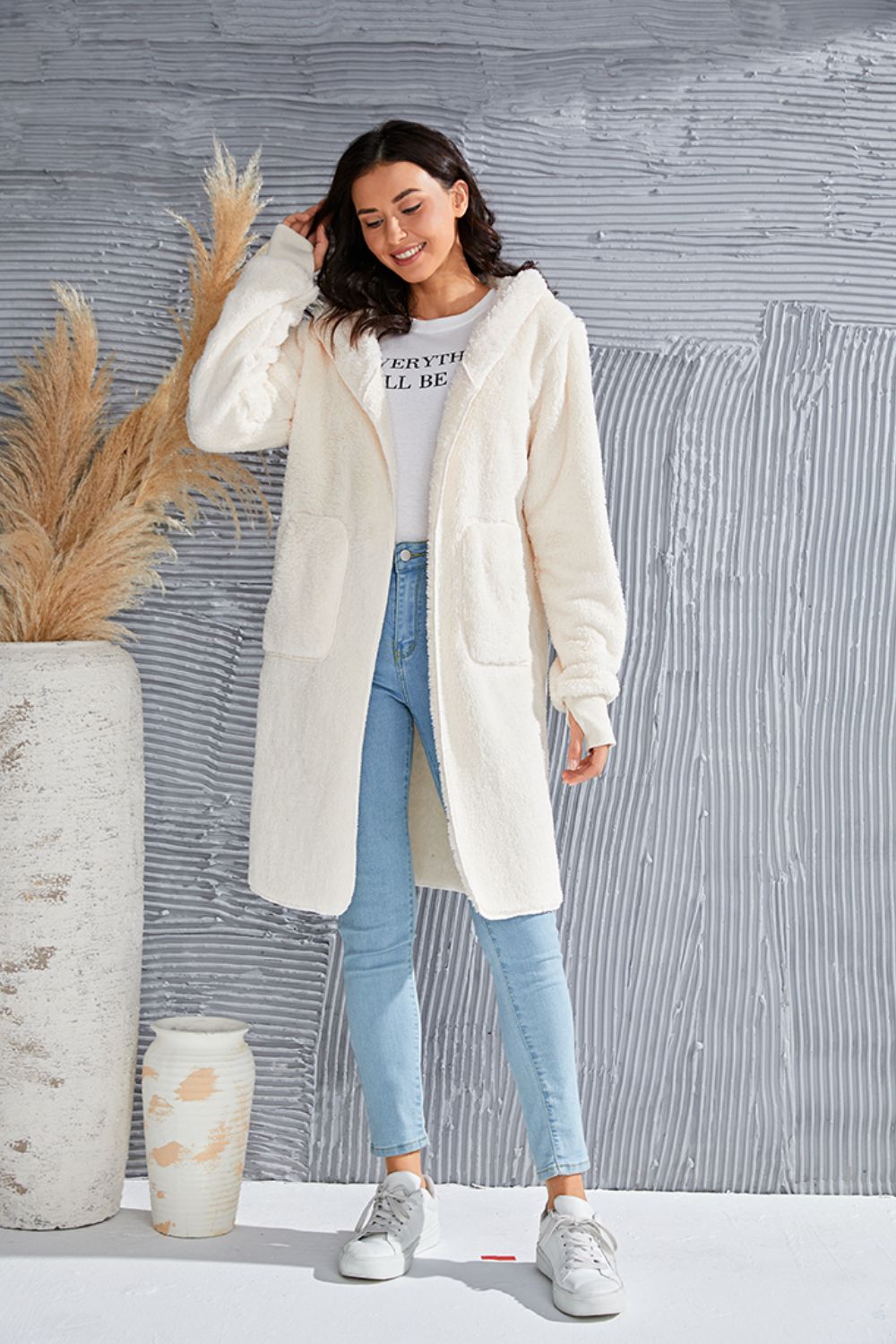 Double Take Full Size Hooded Teddy Bear Jacket with Thumbholes - felvior