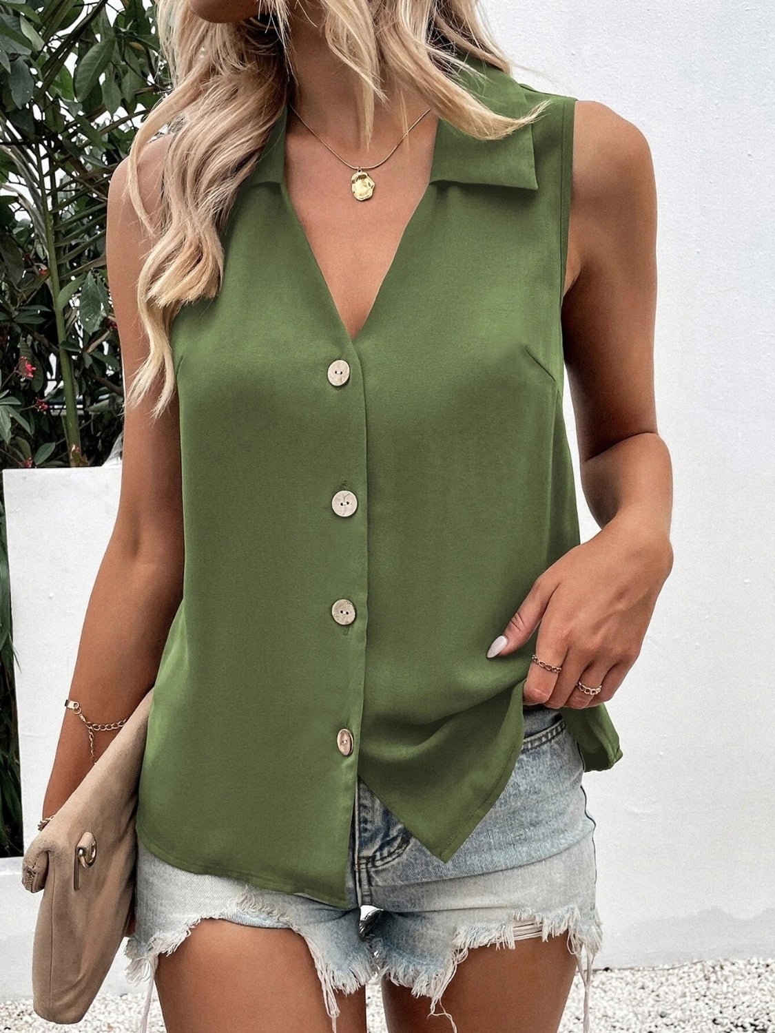 Full Size Johnny Collar Button Down Tank Plus Size
