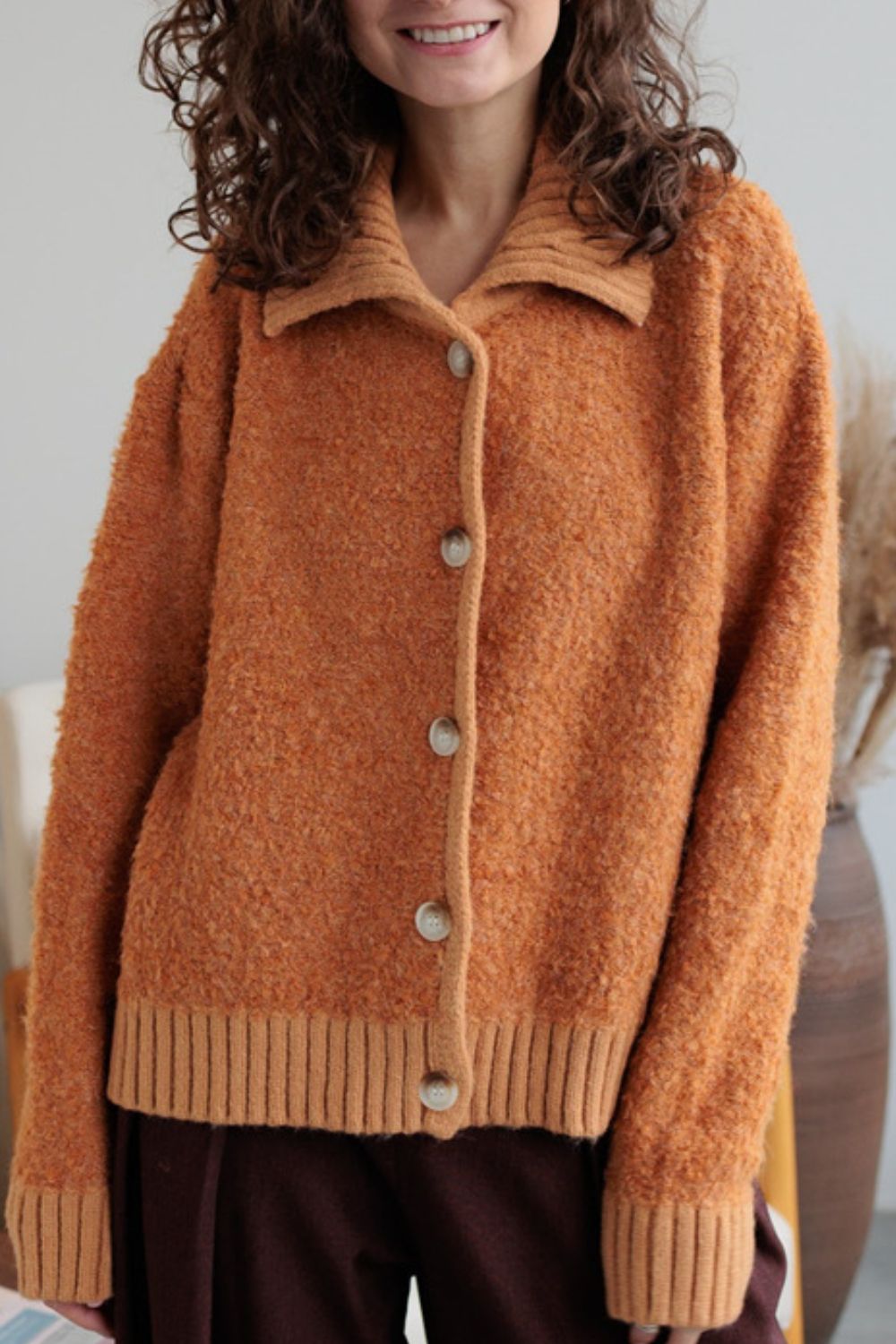 Collared Neck Button Down Long Sleeve Cardigan - felvior