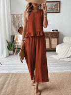 Ruffled Round Neck Top and Wide Leg Pants Set