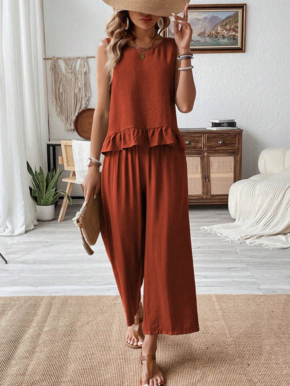 Ruffled Round Neck Top and Wide Leg Pants Set
