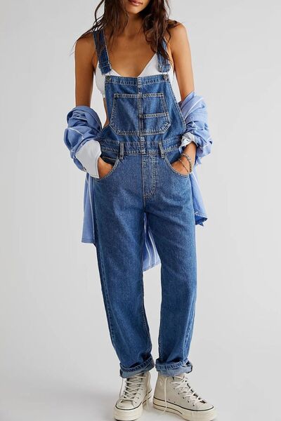 Wide Strap Square Neck Denim Overalls - felvior