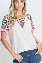 HeimishFull Size Leopard Round Neck Short Sleeve T-Shirt with Stitch Plus Size