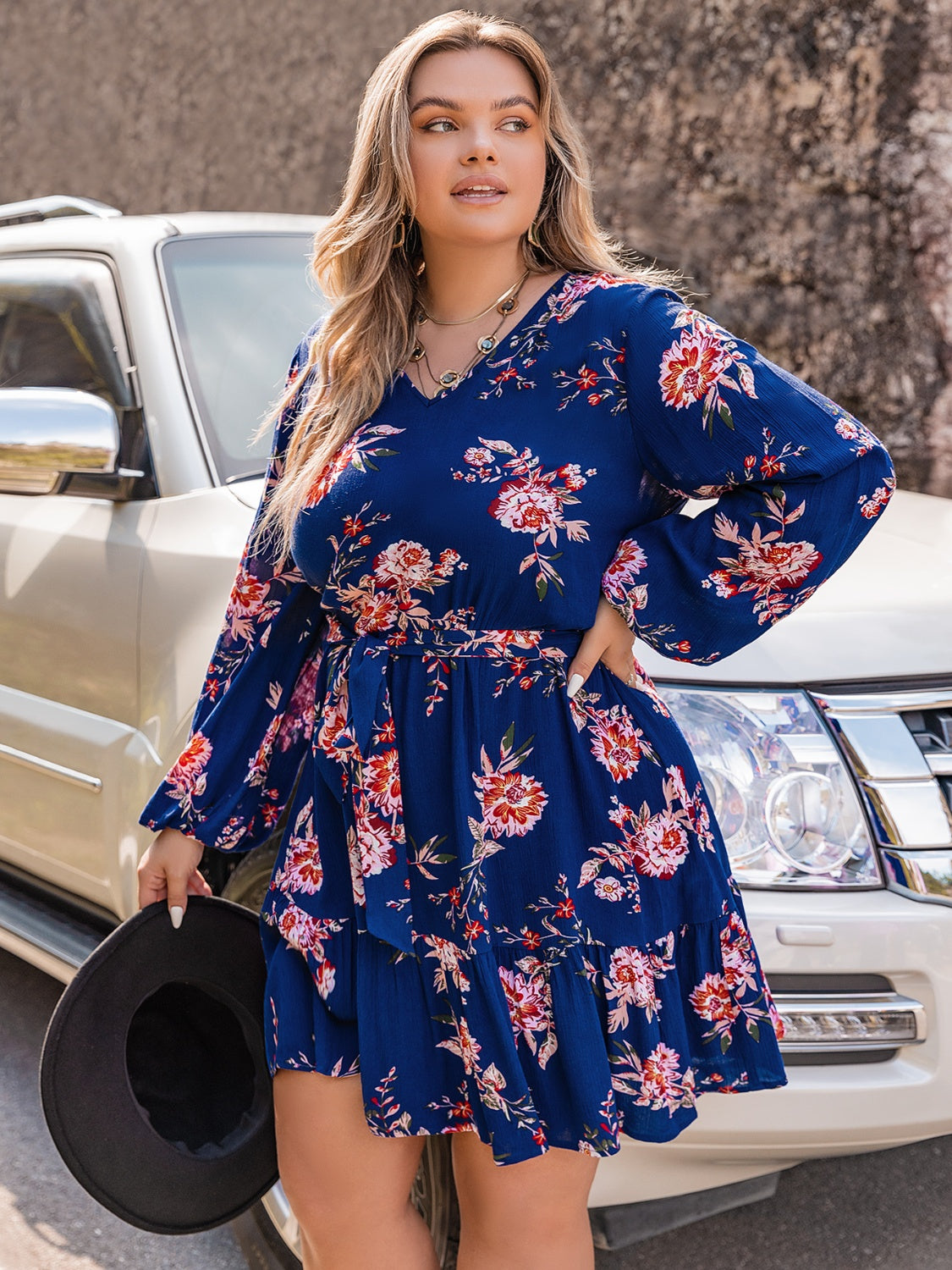 Plus Size V-Neck Long Sleeve Dress - felvior