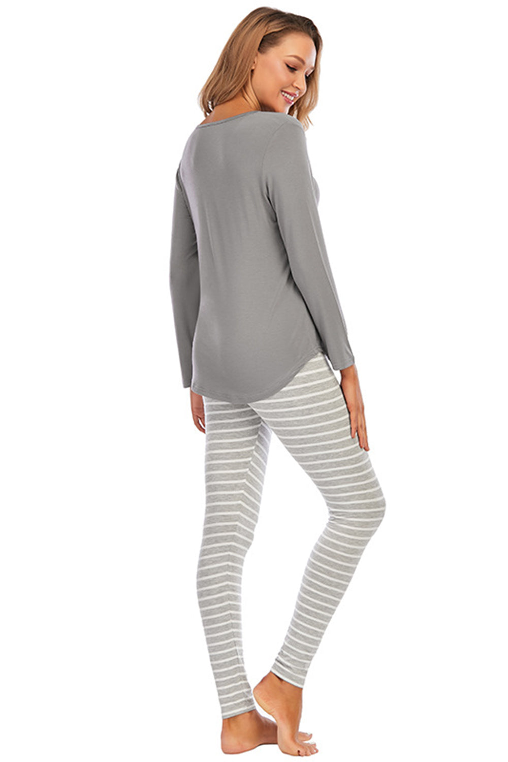 Graphic Round Neck Top and Striped Pants Set - felvior