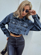 Distressed Raw Hem Cropped Denim Jacket