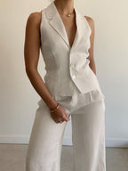 Devine Lapel Collar Sleeveless Top and Pants Set