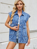 Leopard Button Up Cap Sleeve Denim Jacket - felvior