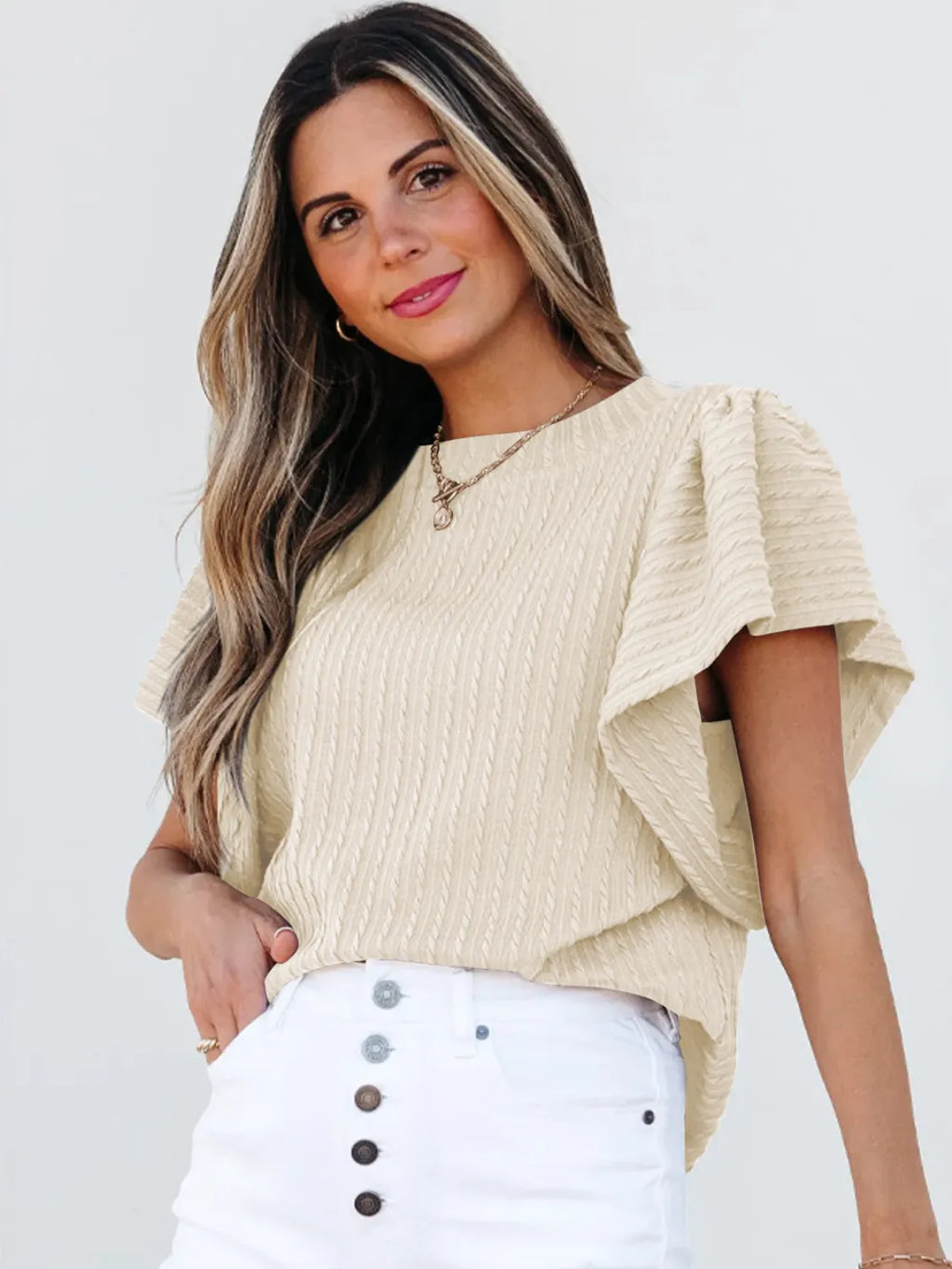 Round Neck Ruffle Sleeve Top