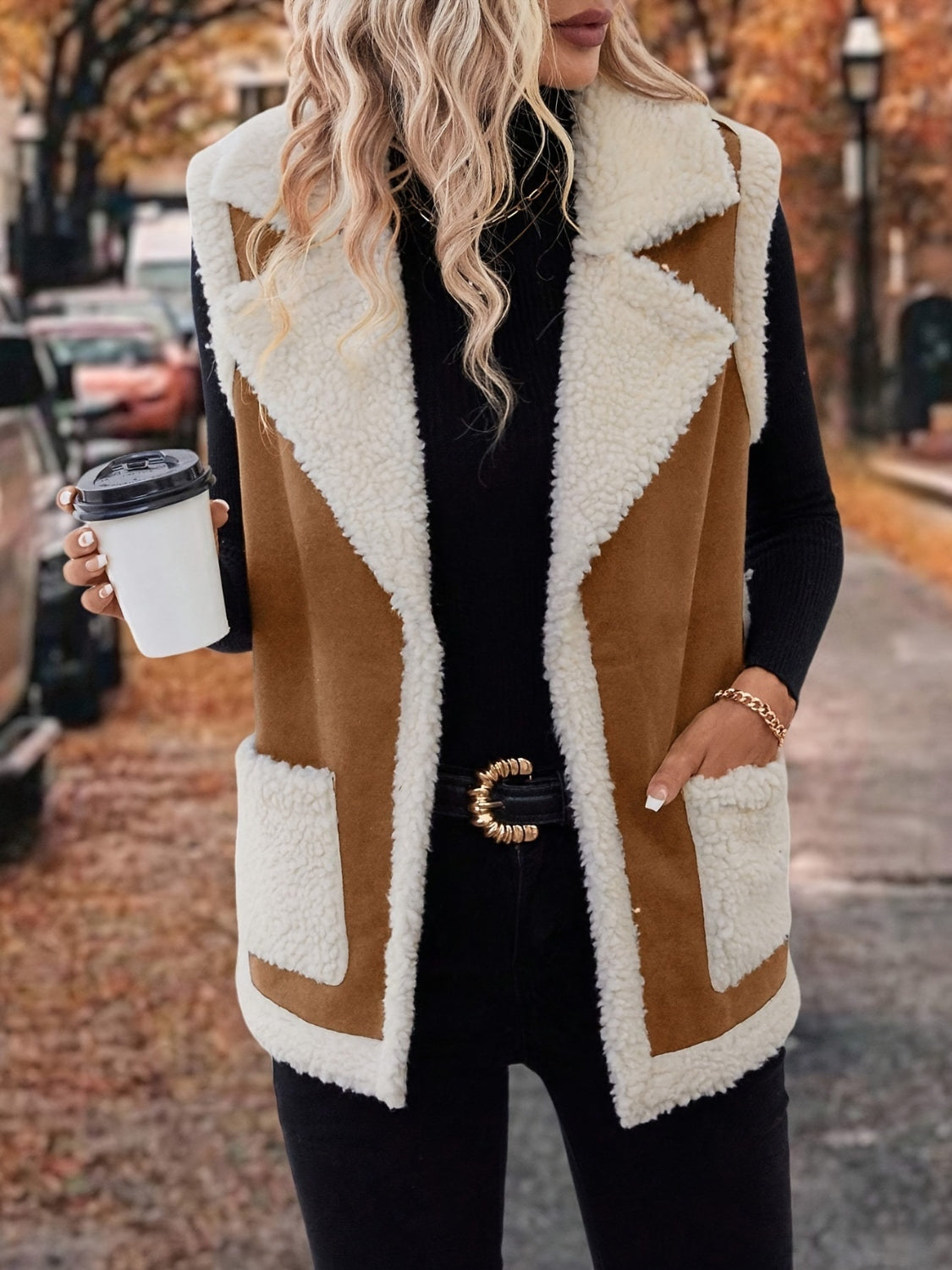 Full Size Contrast Open Front Sherpa Vest Coat - felvior